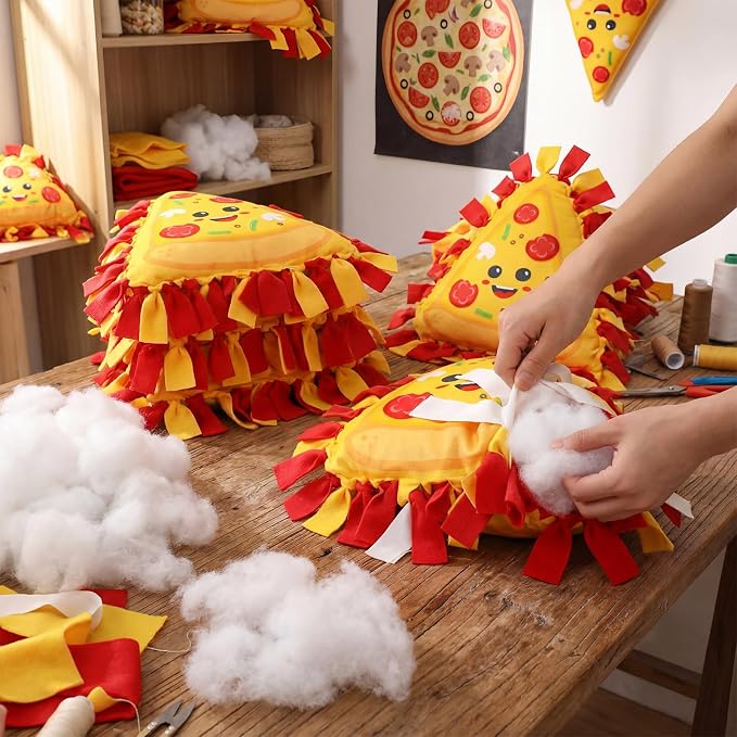 Weysat 6 Sets Pizza Tied Pillow Craft Kit DIY Pizza Shaped Pillow Craft Gifts with PP Cotton for Oktoberfest Day Pizzas Day Sports Theme Party Halloween Decor Classroom Giveaways