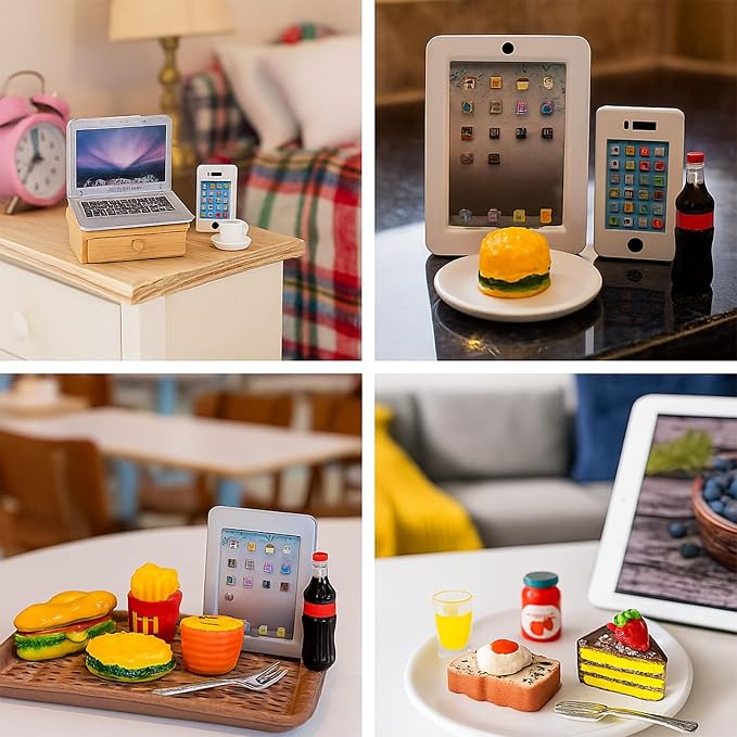 20Pcs Miniature Laptop Computer Tablet Toy Phone Pad and Hamburger Fries Cola Fast Food Cake Coffee Juice Fits Doll Accessories Scale Dollhouse Playsets Girl Mini Drink Food Party