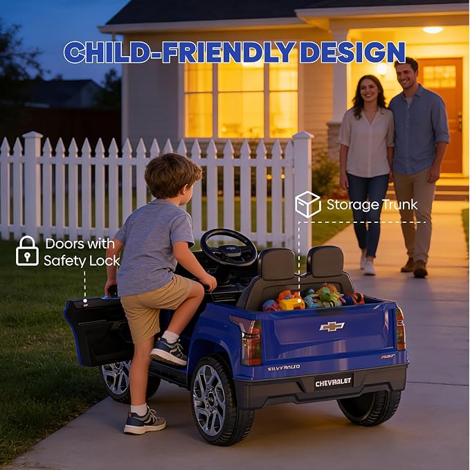 24V Ride On Toy, Licensed Chevrolet Silverado Vehicle for Kids, Birthday Gift Electric Cars with Remote Control for Toddlers, Wide Seat, Soft Start, 3 Speed, Music Player, Blue