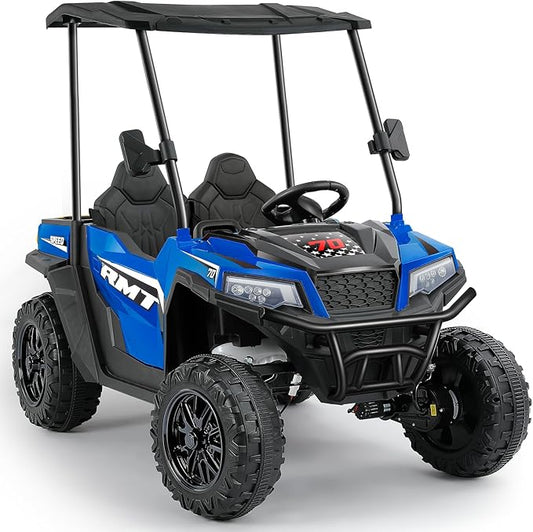 ELEMARA 24V Ride on Toy for Big Kid,Ride on Car 2 Seater w/Sun Shade,Dump Bed & Shovel,4.5MPH,4WD Electric Car for Kids,Battery Car w/Remote,Kids Ride on Truck,3 Speed,LED Lights,Bluetooth, Sapphire