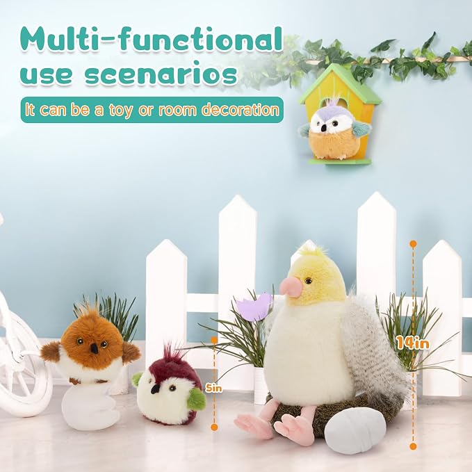 Muiteiur 7 Piece Bird Stuffed Animals, 14 in Parrot Plush Set with Nest, Cute Plush Bird Nest for Kids,Girls,Boys