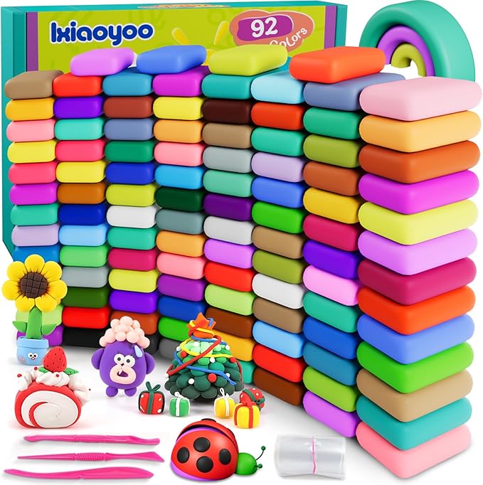 Ixiaoyoo Air Dry Clay for Kids, 92 Colors Modeling Magic Clay, DIY Model Arts & Crafts Kit with Sculpting Tools, Soft & Safe & Non-Toxic, School Projects, Birthday Toy Gifts for Boys & Girls Aged 3–12