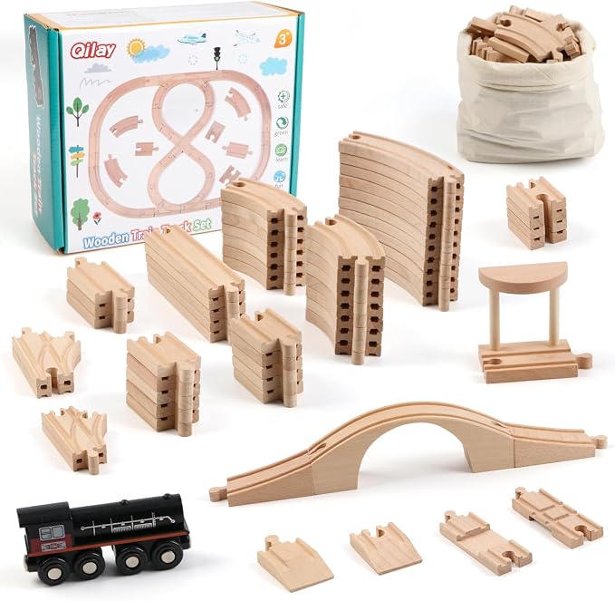 Qilay Wooden Train Track Set - 62PCS Track Expansion with 1 Bonus Magnetic Trains, Arched Bridge, Storage Bag, Compatible with All Major Brand Train Set for Kids 3+