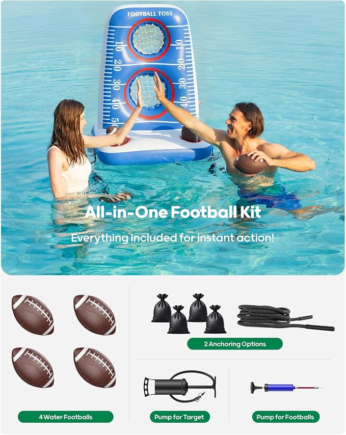 QPAU Inflatable Football Toss Game for Pool – Water Football Target with 4 Balls & 2 Pumps, Dual Net Design, Stable Base, Summer Pool Game for Kids & Adults (Blue+White)