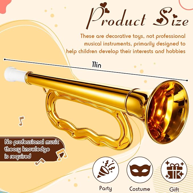 Lewtemi Gold Bugle Horn Musical Instruments Toy for Kid Toddler Fake Plastic Preschool Music Toy Gift Portable Wind Instrument Early Educational Teaching Songs Gifts for Toddlers Children