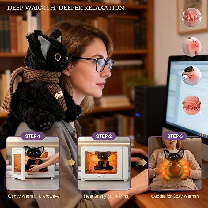 KOWSI® Microwavable Heating Pad Black Cat Plush - Weighted Stuffed Animal Toy with Tourmaline Beads & Lavender - 1.1 lb for Long Lasting Cozy Warmth & Relaxation - Includes Gift Box & Greeting Card