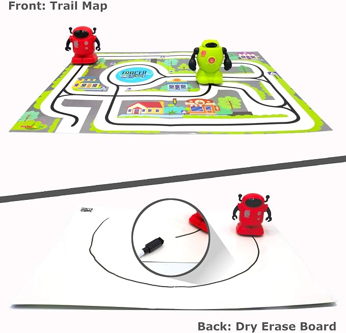 MUKIKIM TracerBot Set (2 Robot Set) – Mini Inductive Robot That Follows The Black Line You Draw. Fun, Educational, and Interactive STEM Toy! Includes Trail Map, Dry Erase Board, and Playbook