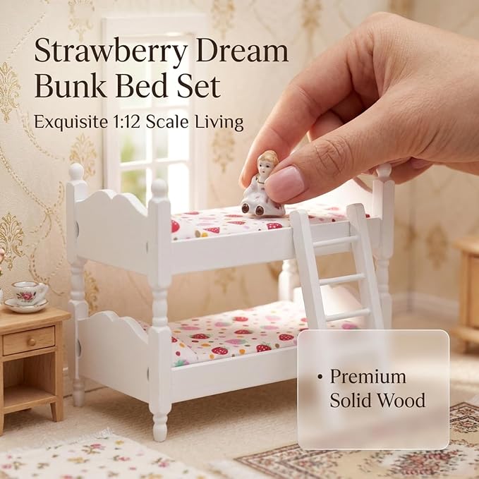 Z MAYABBO Wooden Dollhouse Furniture of Baby bunk Bed with Ladder for Miniature Dollhouse Accessories - 1/12 Scale