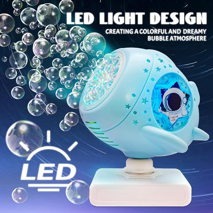 Bubble Machine with Remote Control,360° Automatic Rotation & LED Lights, Type-C Charge, Bubble Maker for Kids Ages 3-15, Weddings, Birthday Parties, Outdoor Activities (Spaceship)