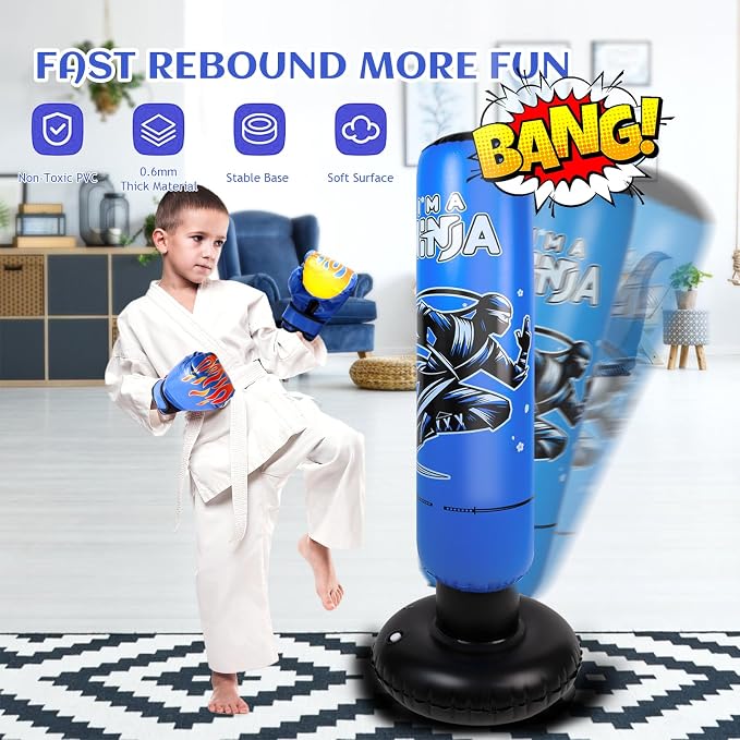 Onirii Kids Inflatable Punching Bag | Large Stable Kids Inflatable Boxing Bag Toy Set with Gloves for Boys & Girls Age 3-12 for Taekwondo,MMA and Practicing Karate