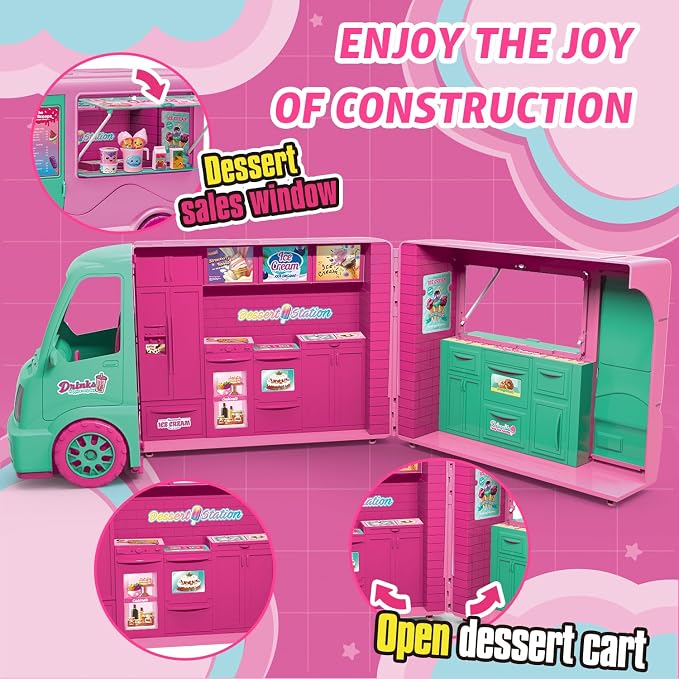 Dollhouse Ice Cream Truck Playset for Girls - Kids Kitchen Pretend Play Food Dessert Truck Toy with Doll, Table, Chairs & Accessories - Birthday Gift for 3 4 5 6 7 8 Year Old Toddler Children
