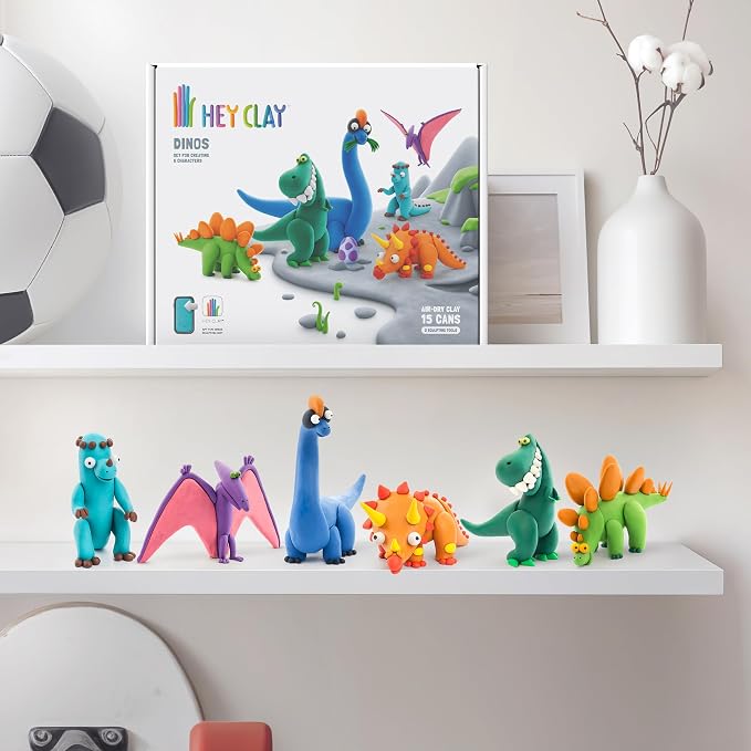 Hey Clay 15 Cans Set - Colourful Modelling Kids Air-Dry Clay 15 Cans with Sculpting Tools and Fun Interactive Instructions for Children Age 3+ (Dinos)