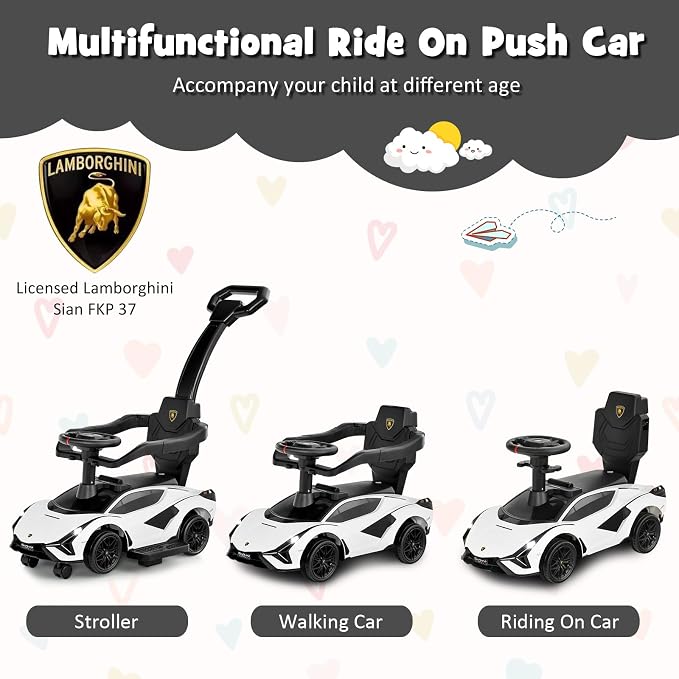 INFANS 3 in 1 Ride on Push Car, Licensed Lamborghini Baby Stroller Sliding Walking Car with Push Handle, Music, USB, Headlight, Under Seat Storage, Kids Foot-to-Floor Toy for 18-60 Months (White)