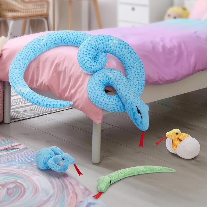 MorisMos Giant Snake Stuffed Animals Mommy with Babies & Eggs,55" Mama Stuffed Snake Toy for Kid Girl Boy,Realistic Blue Anaconda Toy,Colorful Baby Python Toys for Halloween Decor/Jungle-Themed Party