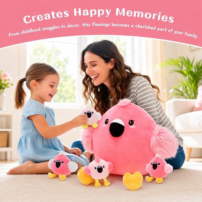 Tezituor Pink Flamingo Stuffed Animal, 5 in 1 Flamingo Plush Toy Pillow with 4 Babies, Zippered Tummy Mommy Flamingo Plushie Gift for Girls Kids, Mother’s Day Valentine’s Day Birthday Christmas