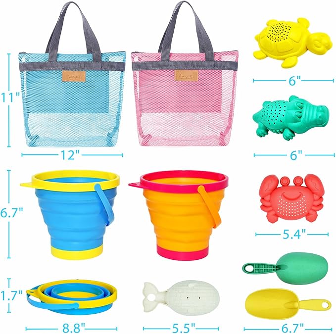 Collapsible Beach Toys for Kids Toddlers, Collapsible Sand Buckets Shovels Set with Mesh Bags and Sand Molds, Foldable Travel Sand Toys for Beach Sandbox Toys for Kids
