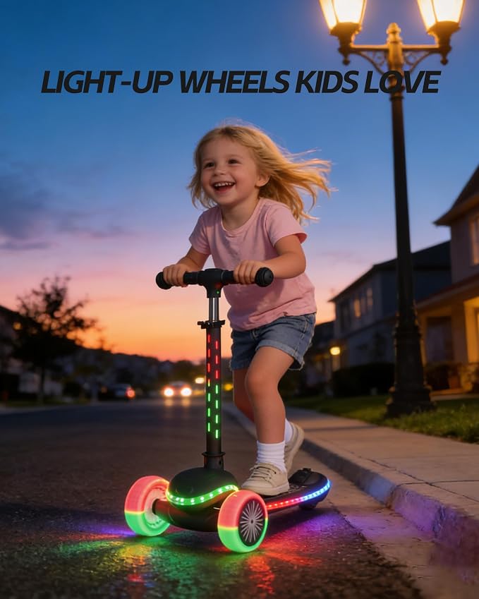 Toddler Scooter Ages 2-5, 3 Wheel Kids Scooter with Lean-to-Steer, Adjustable Handlebar, Anti-Slip Deck, Light-Up Wheels, Foldable First Scooter for Boys and Girls