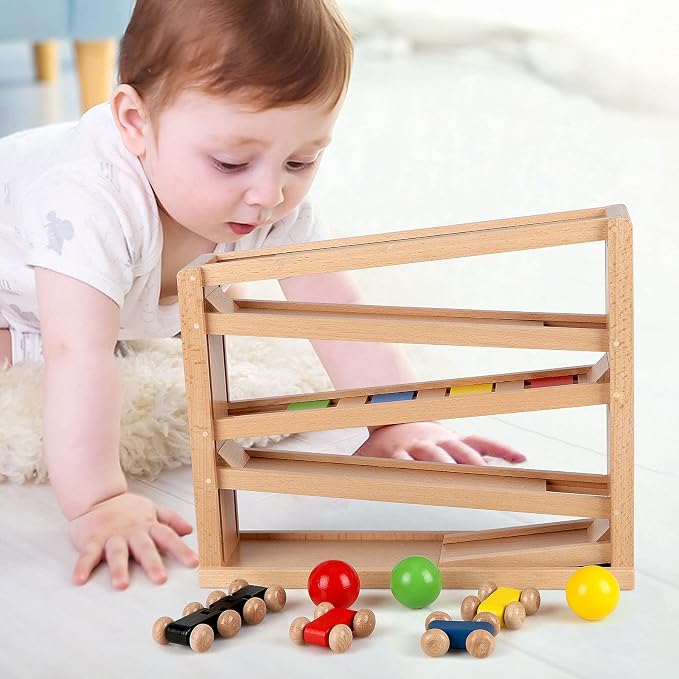 Qilay Wooden Race Track Car Ramp Racer Toy for Toddlers, 5 Level Race Car Ramp Toy Set Includes 4 Wood Cars and 3 Balls,Great Building Learning Toys or 3+ Years Old Boy and Girl