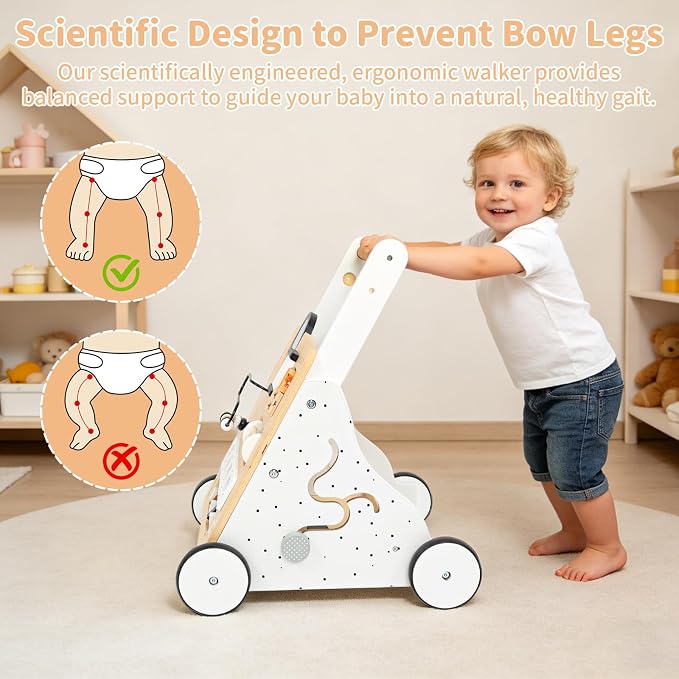 Wooden Baby Walker for Toddlers 1-3, Adjustable Height Montessori Push Toy with 9-in-1 Activity Center, Baby Push Walker with Wheels for Learning to Walk, Gift for 12 Month Old Girls Boys