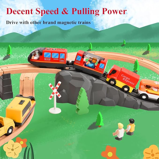 Giant bean Battery Operated Electric Locomotive Magnetic Train Set for Wooden Train Tracks, Powerful Engine Compatible with Most Brands, Christmas Toys for Kids 3+
