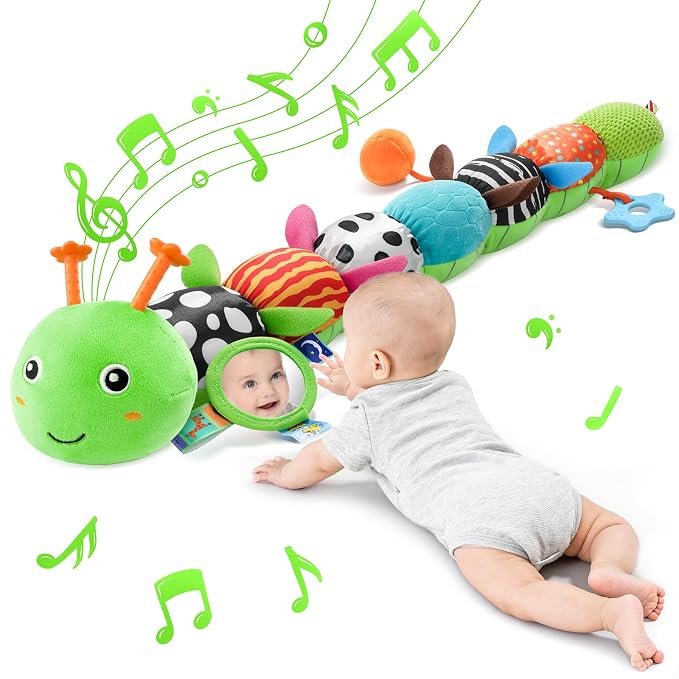 Baby Sensory Musical Caterpillar Plush Toy, Soft Stuffed Animal with Mirror Crinkle Paper Rattle Teether, Tummy Time Play Toy for 0-12 Months Newborn Infant, Baby Shower Gift for Boys Girls, Green
