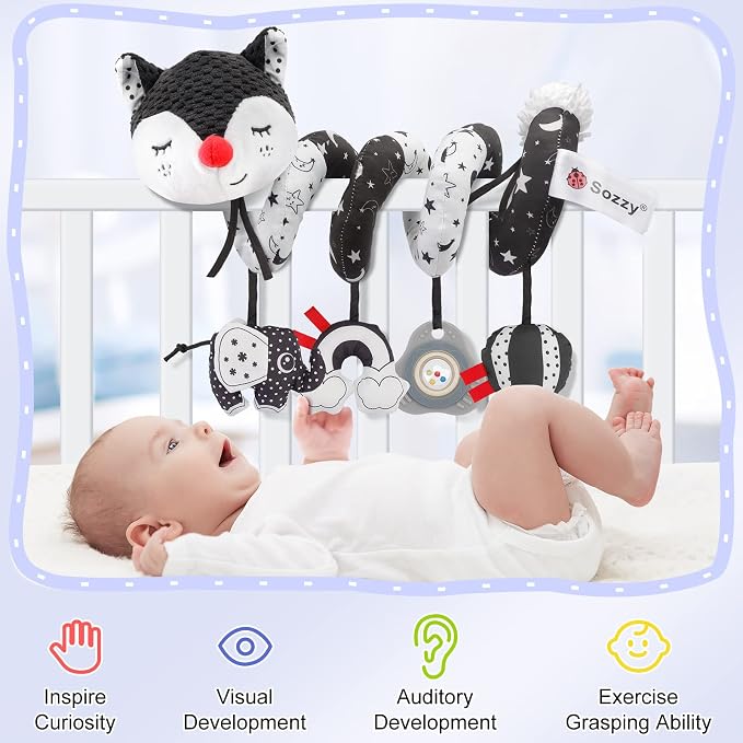 Car Seat and Stroller Toys - Black and White Car Seat Toy High Contrast Baby Toys, Baby Plush Spiral Activity Toy for Crib Mobile, Newborn Sensory Toy Best Gift for 0 3 6 9 12 Months Infants