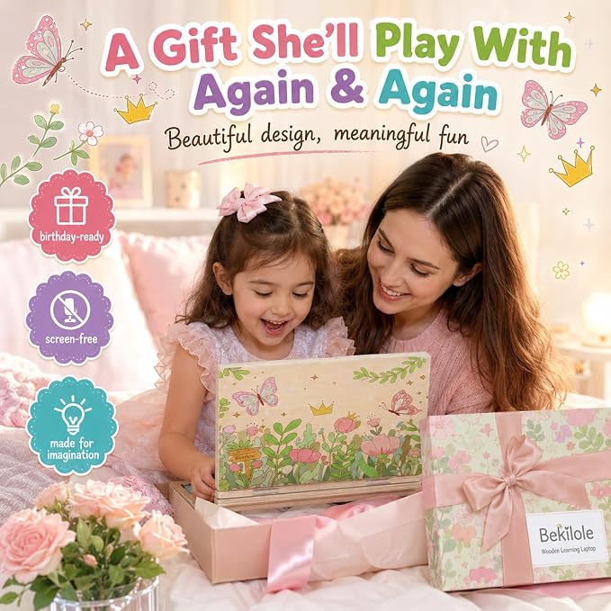 Montessori Toys 4 Year Old Girl Birthday Gifts 11.8" Floral Laptop, Homeschool Essentials, Educational Learning Pretend Play, Toddlers Toys, Customized Flashcards Learning