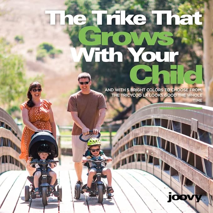 Joovy Tricycoo LX Premium Kids Tricycle with 8 Stages Featuring Chunky Front Tire, Removable and Adjustable Parent Handle, Safety Harness, Machine-Washable Seat Pad, and Retractable Canopy, Pine