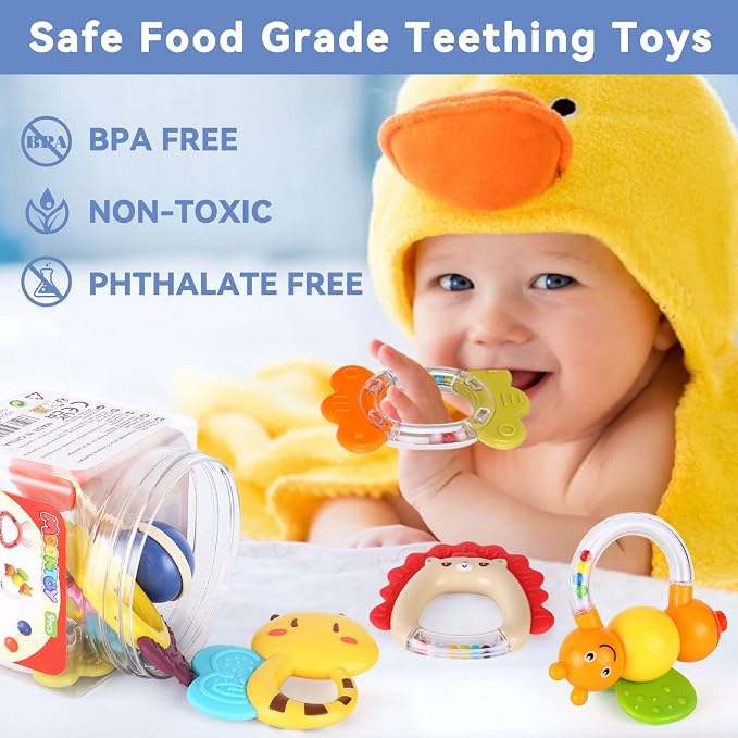 MOONTOY 9pcs Baby Rattles Infant Teething Toys Teethers Sensory Toys for Babies 3-6 Months 6-12 Months Boy Girl Gifts