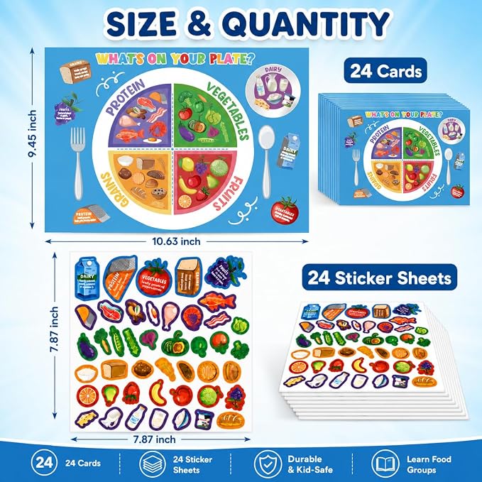 Cinrobiye 24 Set My Plate Food Stickers Preschool Vegetables Fruit Protein Grains Food Diary Early Learning Play Kit My Plate Food Chart Stories Games for Home School Classroom Supplies (Square)