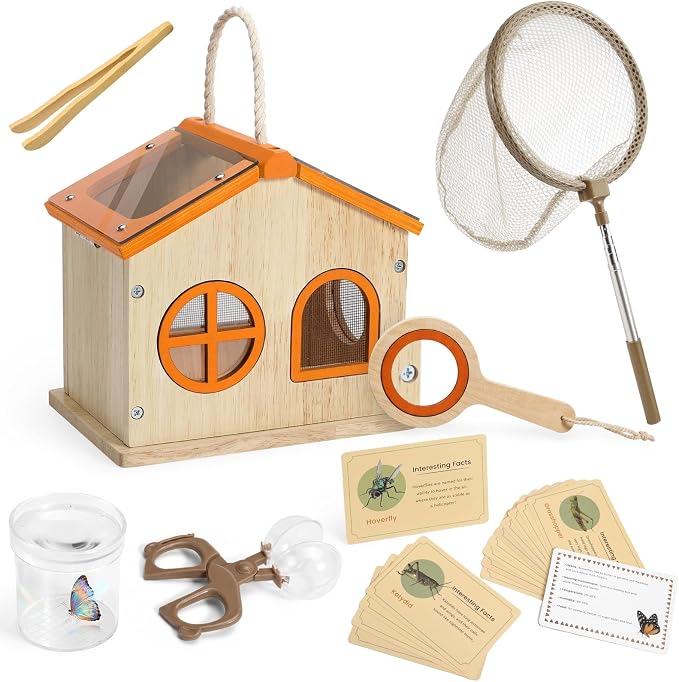SainSmart Jr. Bug Catcher for Kids - Wooden Bug Habitat with Magnified Viewer, Butterfly Net, Observation Box, Tweezers & 15 Cards, Outdoor Toys & STEM Toys for Boys & Girls Ages 3+, Orange