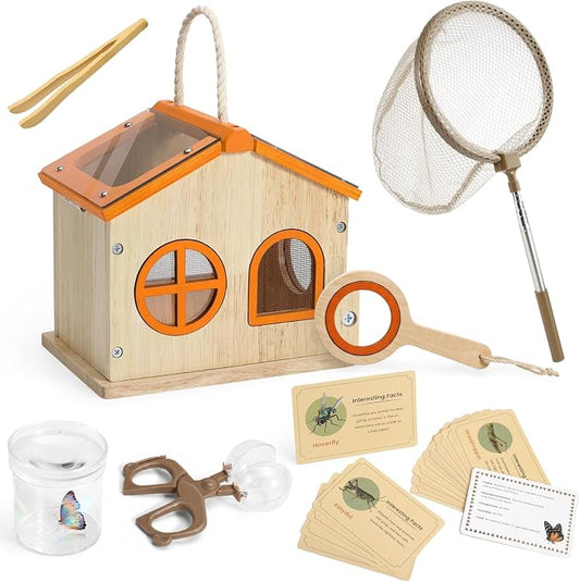 SainSmart Jr. Bug Catcher for Kids - Wooden Bug Habitat with Magnified Viewer, Butterfly Net, Observation Box, Tweezers & 15 Cards, Outdoor Toys & STEM Toys for Boys & Girls Ages 3+, Orange