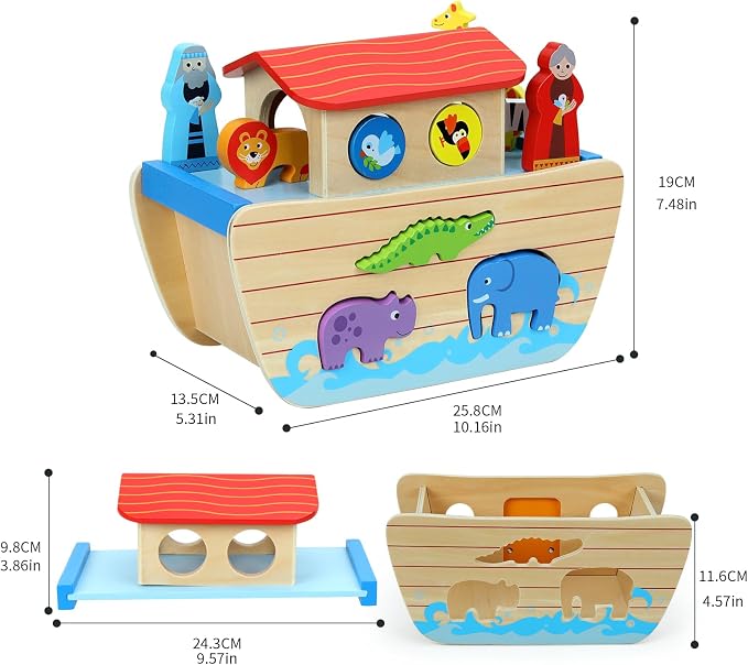 Wooden Noah's Ark Toy Animal Playset for Toddlers, Shape Sorter Early Learning Montessori Toys, Baptism Gifts for 1 2 3 Year Old Boys Girls