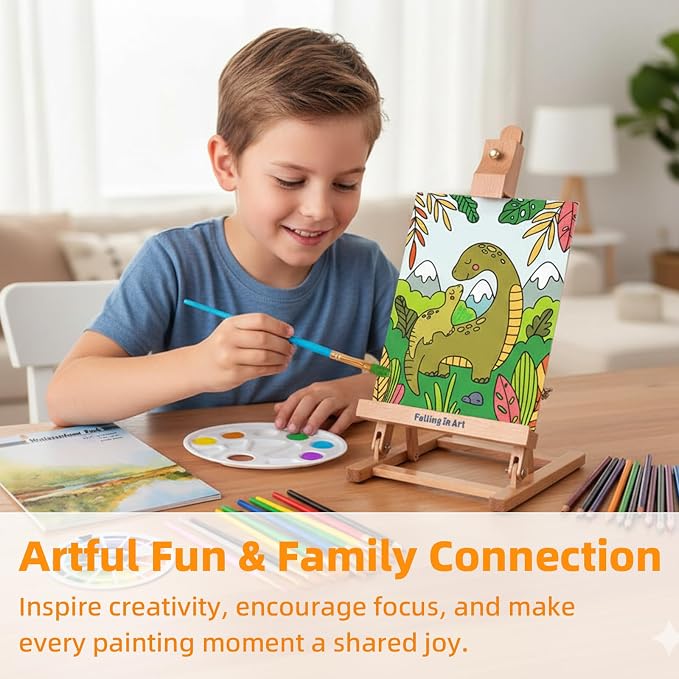 Falling in Art Tabletop Easel Set, Portable Wooden Art Easel Painting Kits for Kids, Easel for Painting Canvases, Including 12 Colors Acrylic Paints, 10 Paintbrushes and 4 Canvas Panels, Yellow
