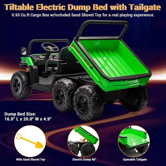 Hetoy 2 Seater Ride on Dump Truck, 24V Electric Vehicle Toys for Kids with Remote Control, Ride on Car with Electric Dump Bed, Toy Shovel, Music, LED Headlights & Spring Suspension- Ages 3+ (Green)