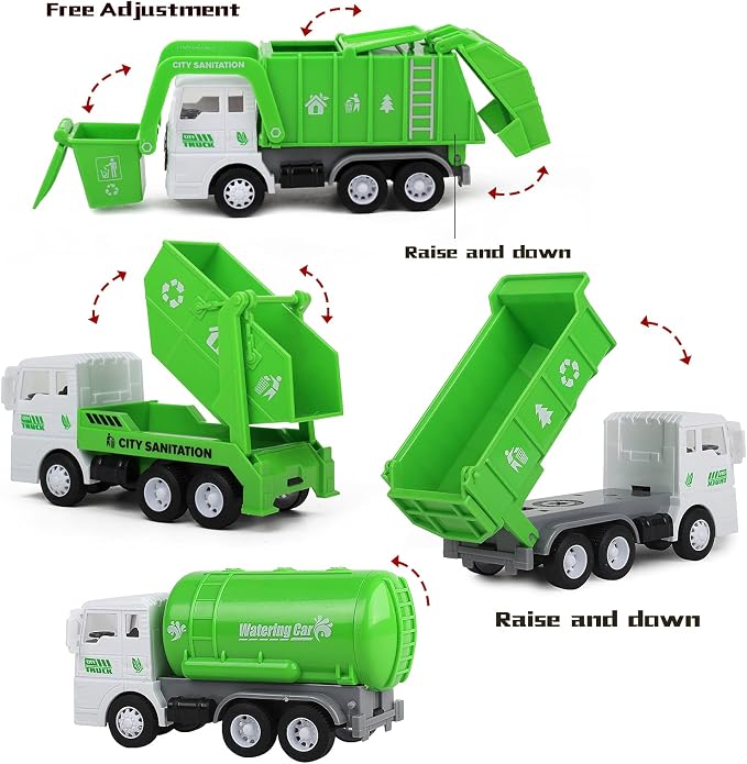 Garbage Truck Toys for Boys, 4 pcs 6" Friction Powered Trash Truck with Kids Playmat Car Rug, 8 pcs Roadblock Signpost, 4 Trash Bins with 108 pcs Trash Cards, Toy Gift for 3+ Years Old Kid