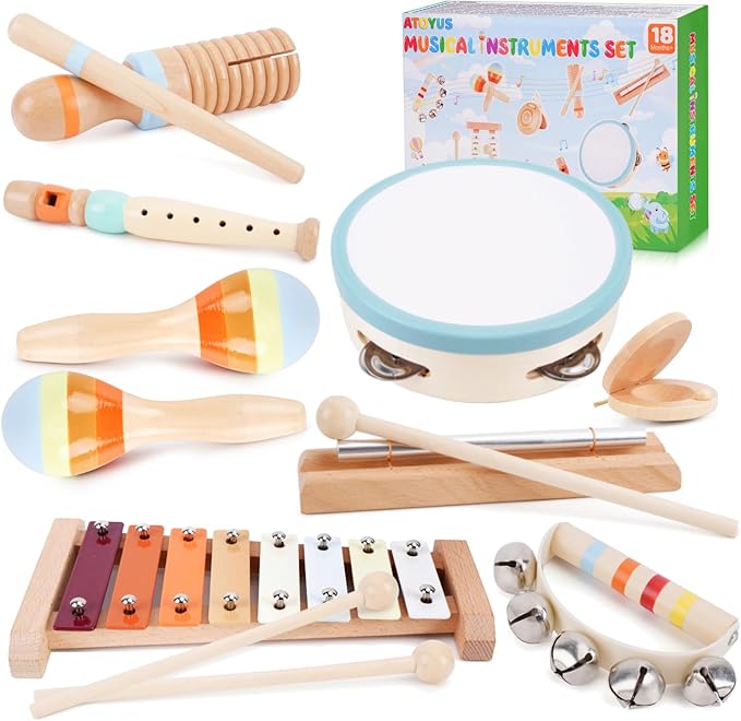 Wooden Toddler Musical Instruments Set, Montessori 18 Month Old Baby Musical Toys, Kids Percussion Instruments Xylophone Maracas for Toddlers 2 3 4, Preschool Christmas Birthday Gifts for Girls Boys