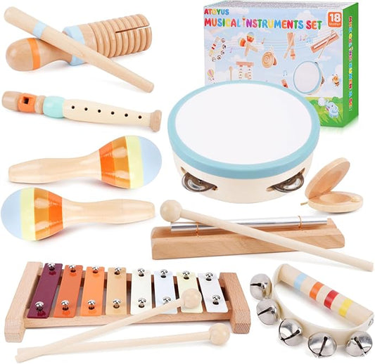 Wooden Toddler Musical Instruments Set, Montessori 18 Month Old Baby Musical Toys, Kids Percussion Instruments Xylophone Maracas for Toddlers 2 3 4, Preschool Christmas Birthday Gifts for Girls Boys