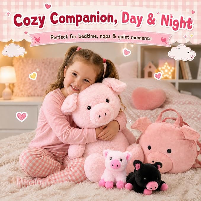 Pig Plush Toy Set, 21" Large Mother Pig Stuffed Animal with 2 Baby Pigs and Removable Backpack, Soft Farm Animal Plushies for Kids, Birthday