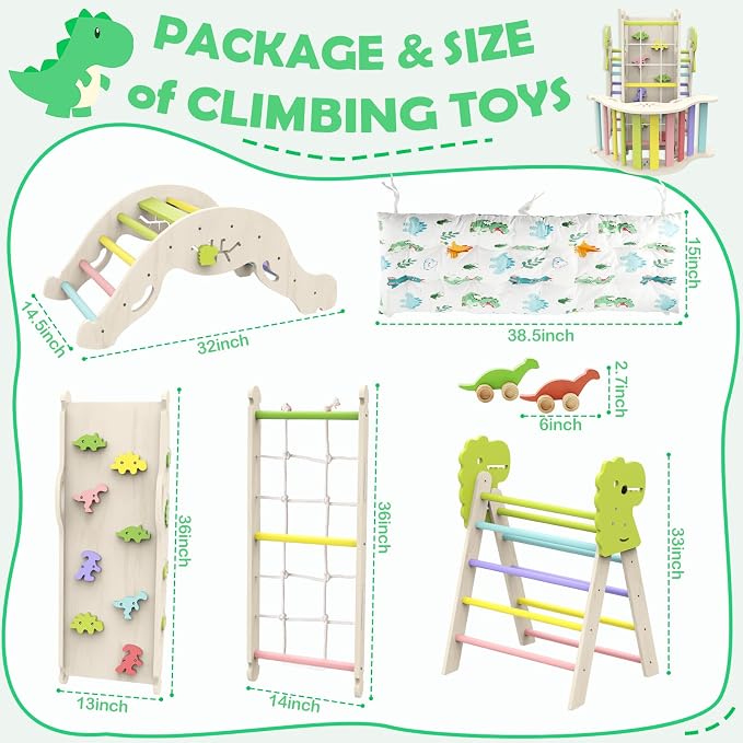 Pikler Triangle Set with Cushion, 12 in 1 Toddler Montessori Toys Indoor Baby Climbing Gym Pikler Triangle Climbing Set Wooden Toy Climbing Rope Ladder, Shape Sorter, Push Car 【Dinosaur Toys】