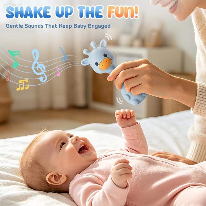 Baby Teething with Rattle Toys 3-6 6-12 Months, BPA Free Silicone Baby Teether, Infant Chew Toys for Teething Relief, Baby Gifts for Newborn Boys Girls, Easy-Grip, Blue