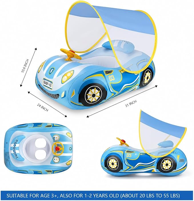 Baby Pool Float Toddler Floaties 3D Car Baby Float for 12-48 Months Inflatable Heavy Duty 0.35mm PVC Seat Boat Pool Toys Float No Flip Swimming Floaties for Boys&Girls1-5 Years