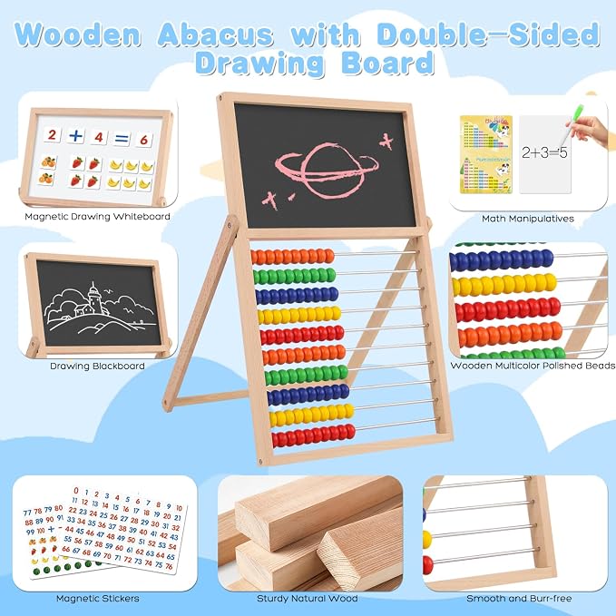 Wooden Abacus for Kids Math Games for Kids 3-5 4 5-7 6-8 Counters Toys with Double-Sided Whiteboard Blackboard and Magnetic Number Cards 1-100 Educational Counting Math Manipulatives 1st 2nd grade