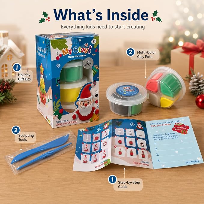Air Dry Clay for Kids, 4 Christmas Mini Modeling Clay Sets, DIY Snowman Model Magic Clay Kit with Tools & Tutorials, Christmas Stocking Stuffers for Kids, Creatible Art Crafts Toys Gifts Xmas Gift