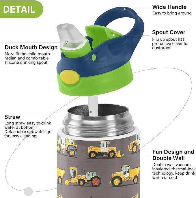 Boccsty Yellow Tractor Truck Kids Water Bottle with Straw Lid Car Insulated Stainless Steel Reusable Tumbler for Boys Girls Toddlers 12 oz Green