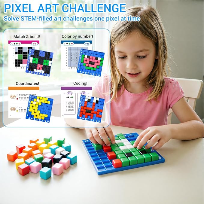 Pixel Art Kit for Kids Ages 5-8-12 – STEM Building Toy with 400+ Colorful Cubes & Challenge Cards | Fine Motor Skills, Math & Coding Activities | Educational Science Gift for Boys and Girls