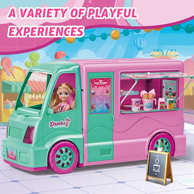Dollhouse Ice Cream Truck Playset for Girls - Kids Kitchen Pretend Play Food Dessert Truck Toy with Doll, Table, Chairs & Accessories - Birthday Gift for 3 4 5 6 7 8 Year Old Toddler Children
