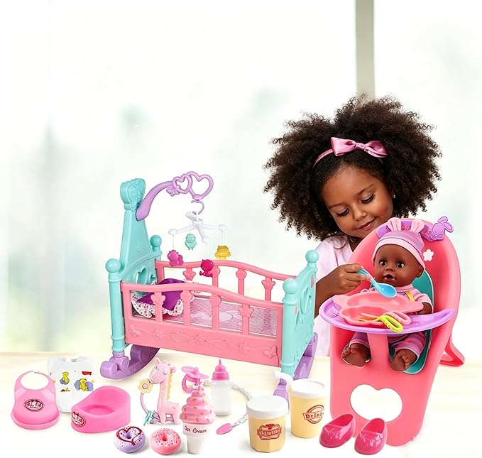 deAO 12” Black Baby Doll Play Set with Crib, Mobile, High Chair Feeding Accessories, Interactive Dolls for Girls Kids Pretend Play Baby Dolls 21 PCS