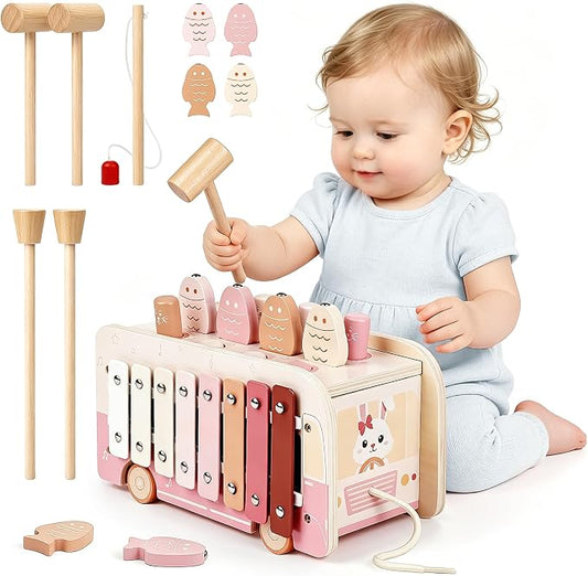 Vanplay Hammering Pounding Toys for 1 Year Old Girl Gifts, Montessori Toys for 1 2 Year Old, 7 in 1 Wooden Preschool Learning Activities Toy for Toddlers 1-3 - Baby Girl Gifts 12+ Months(Pink)