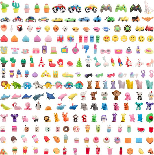 210pcs 3D Cute Kids Erasers, Random Desktop Pet Toys Gifts, Classroom Rewards Kids Party Gifts, Various Styles Such as Animals, Food, Plants, Space, Princess, Sports, Halloween, Christmas